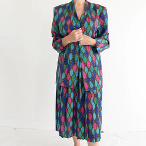 Vintage  Tan Jay Multicolour Blouse & Pleated Skirt Two Piece